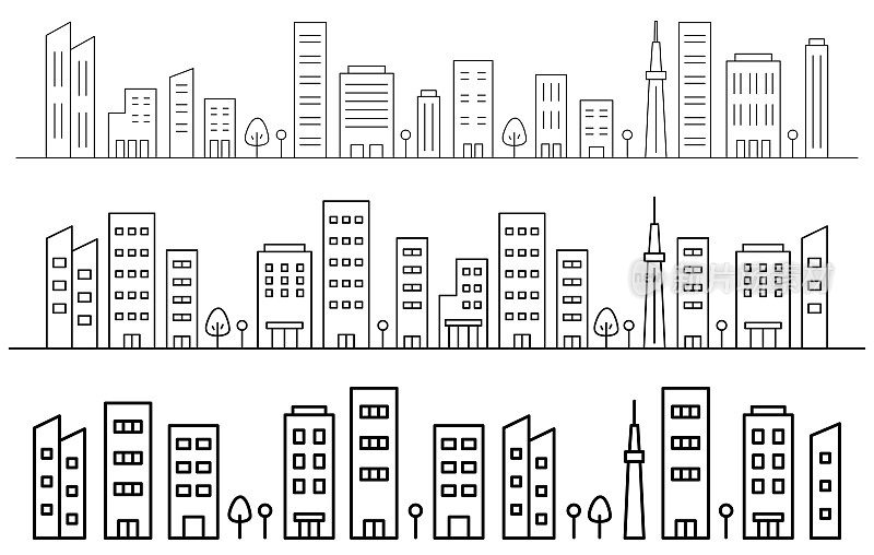 Simple line drawing illustration of the cityscape where the buildings are lined up